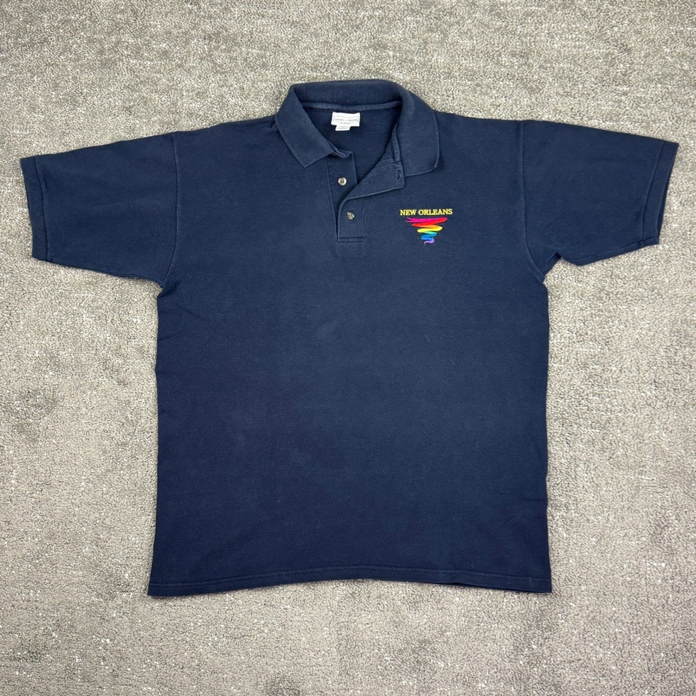 Cotton Deluxe by Anvil Polo Shirt Mens M Navy Blue New Orleans Rainbow Vintage